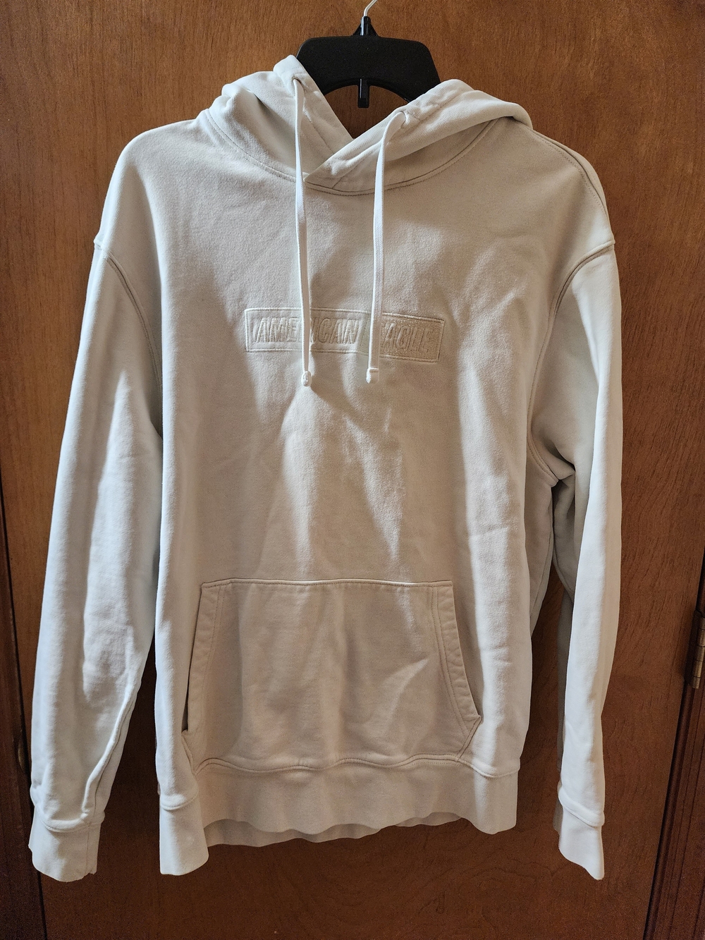 American Eagle Mens Heavyweight Hoodie Off White Tonal Embroidered Box Logo